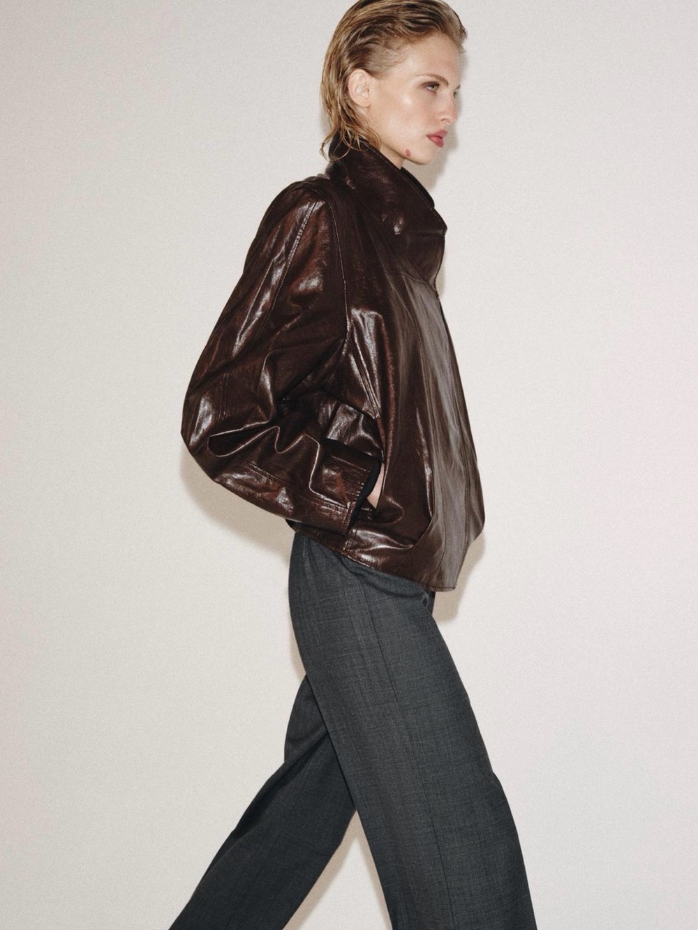 Zara woman Dark Brown Leather Bomber Jacket